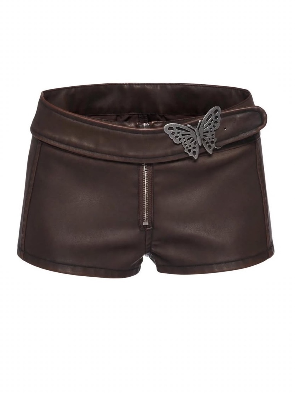 Dolls Kill Women's Dark Brown Vegan Leather Shorts with Butterfly Buckle